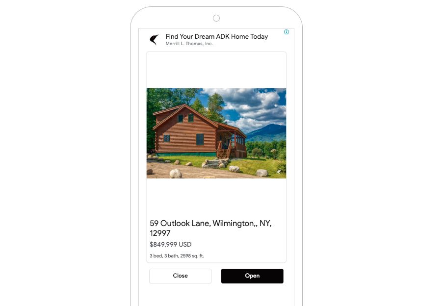 Merrill L. Thomas Google Display retargeting ad with a cabin property in the Adirondacks
